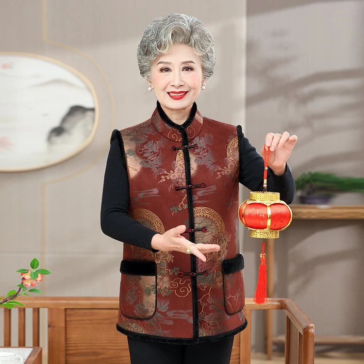 中老年妈妈国风马夹加绒加厚2024秋冬新款奶奶新中式坎肩老人外套