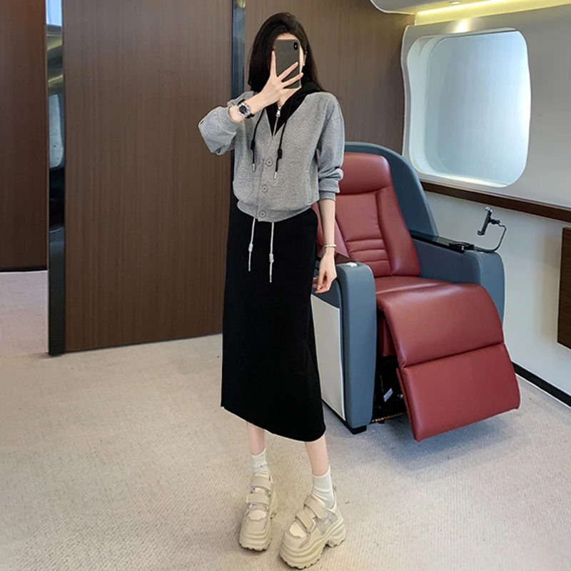 欧货网红休闲运动套装女秋季新款潮牌连帽卫衣开叉半身裙两件套