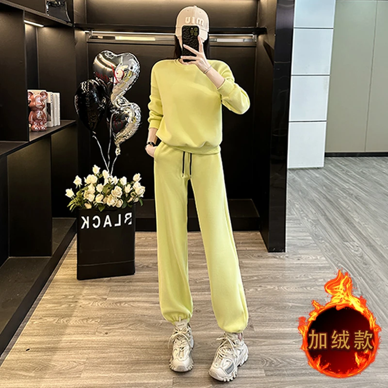 秋冬季休闲运动套装女时尚加绒加厚卫衣卫裤深秋初冬装穿搭两件套