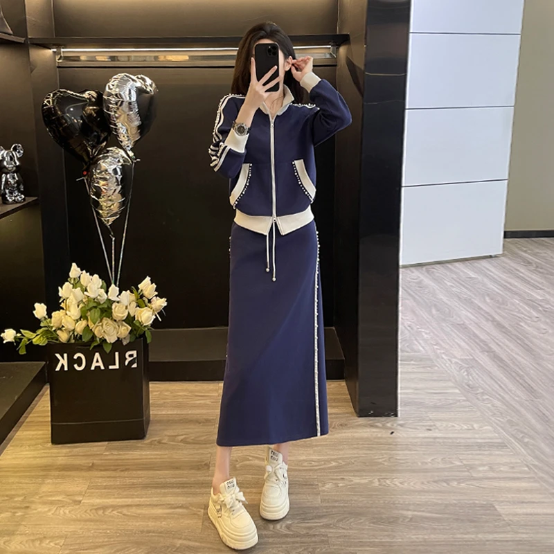 女秋季新款休闲运动卫衣套装裙韩系撞色拼接立领外套半身裙两件套
