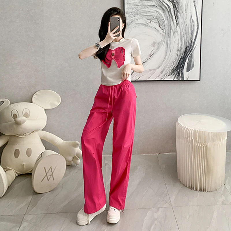 时尚休闲运动套装女夏2023新款贴布蝴蝶结圆领上衣束脚长裤两件套