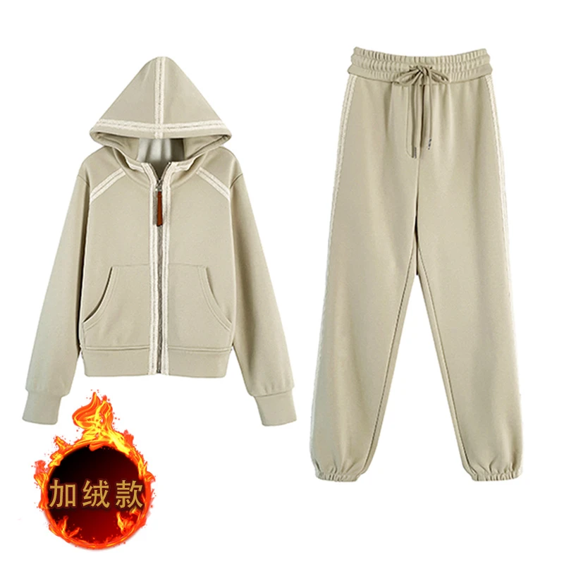 高级感休闲运动套装女秋冬时髦加绒加厚连帽卫衣束脚裤两件套时尚