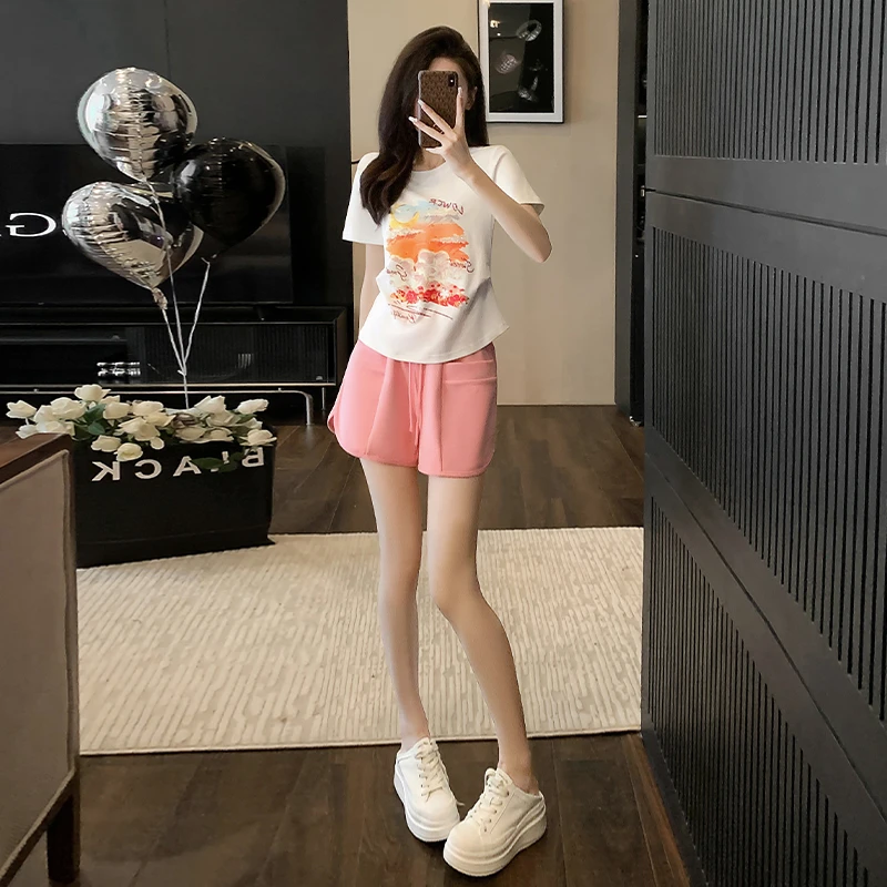 欧货高级时尚粉色短裤套装女夏季新款休闲烫钻印花圆领短袖两件套