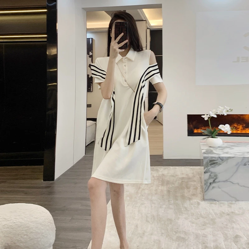 学院风条纹飘带连衣裙女2023新款法式时尚露肩修身显瘦高级感裙子