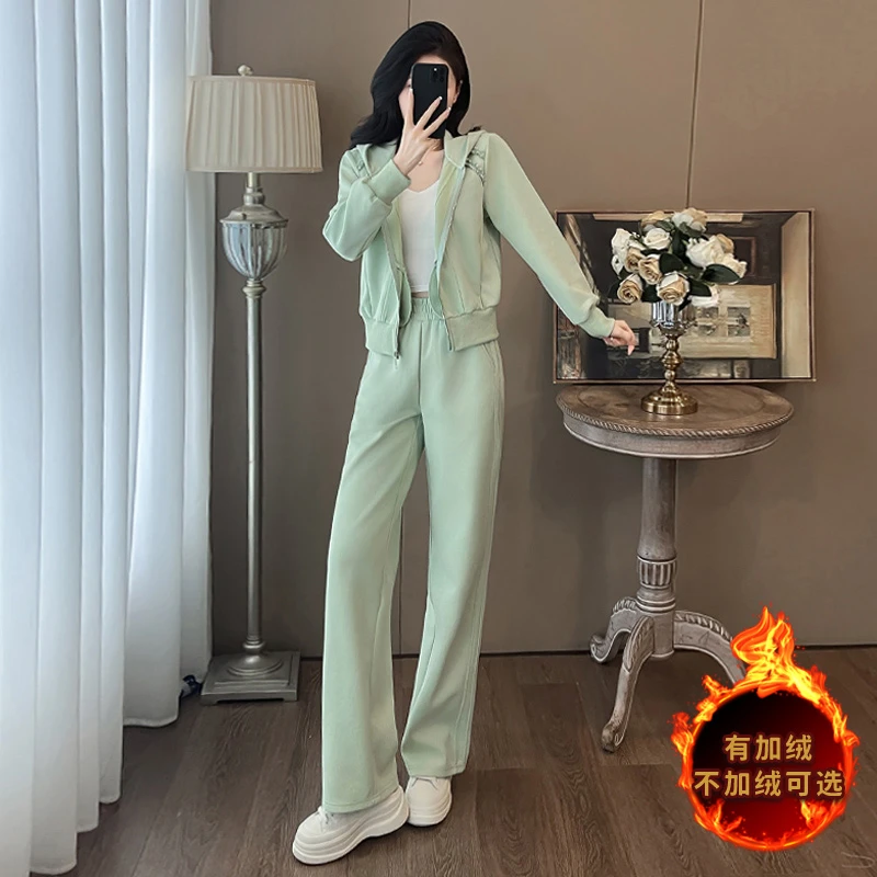 休闲运动套装女秋季时尚新款宽松显瘦连帽纯色卫衣阔腿裤两件套潮