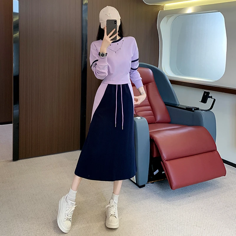 时尚休闲拼色潮流半身裙套装女秋新款圆领气质收腰短款卫衣两件套