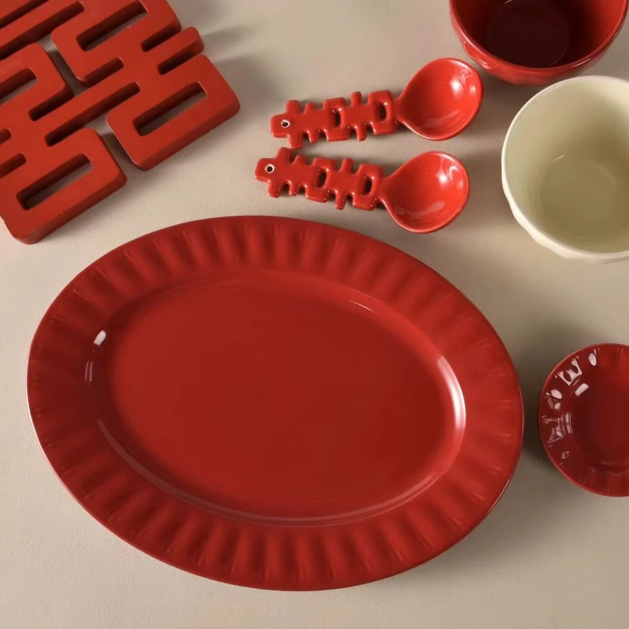 条纹椭圆平盘酒红色创意餐具盘子家用陶瓷鱼盘餐盘复古中式菜盘