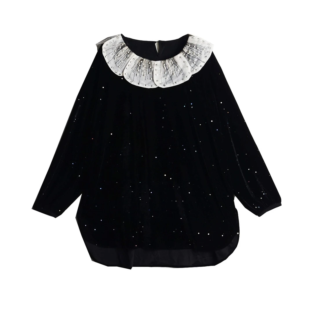 大码女装气质长袖时尚黑色宽松娃娃领重工（C009）