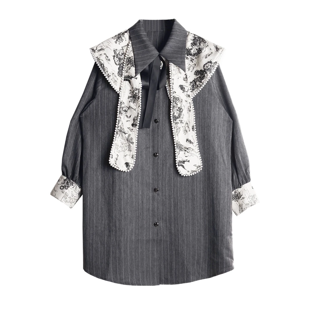 大码女装连衣裙长袖翻领时尚宽松拼接秋季（C001）