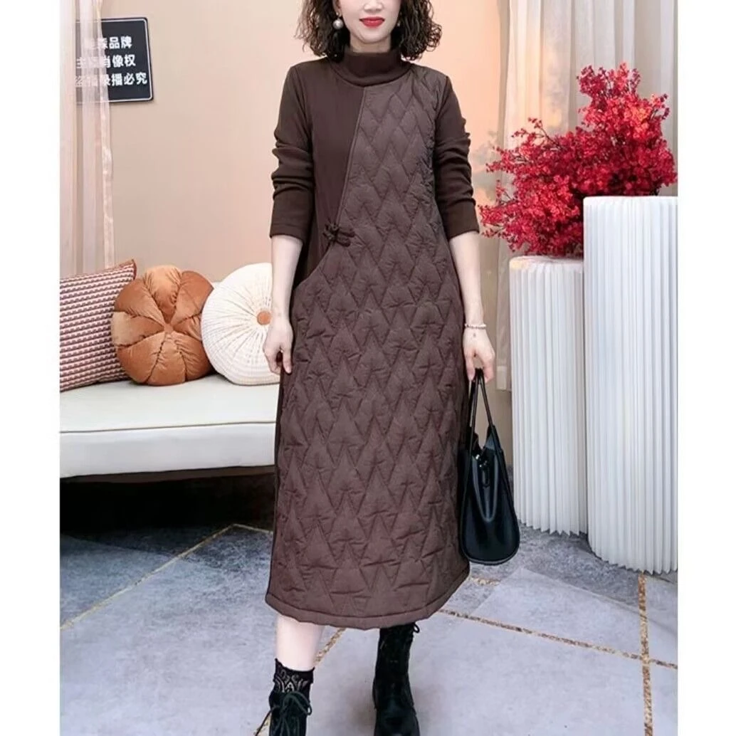 2025冬季加绒加厚保暖新中式立领盘扣气质百搭中长减龄连衣裙