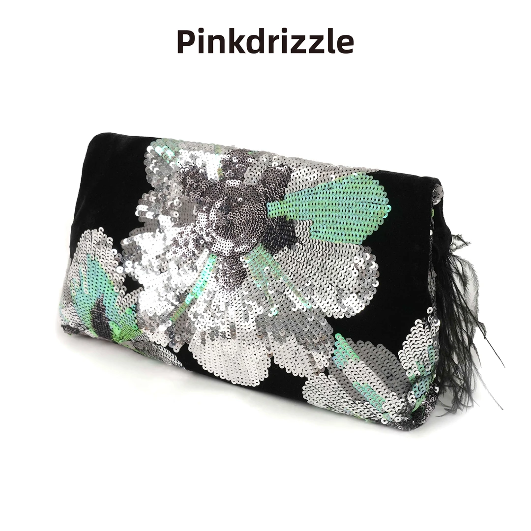 Pinkdrizzle游园绮梦刺绣亮片鸵鸟毛新中式丝绒手拿包重工晚宴包