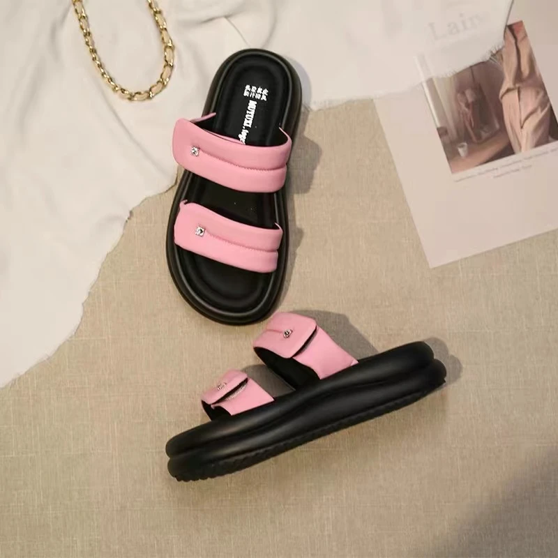 松糕厚底拖鞋夏外穿2024年新款防滑魔术贴软底面包一字凉拖77189