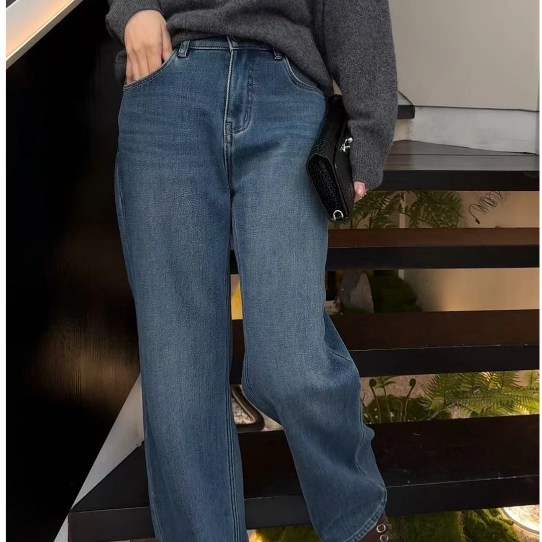 【TANTAN】显瘦时尚百搭气质女士加绒直筒牛仔裤#134