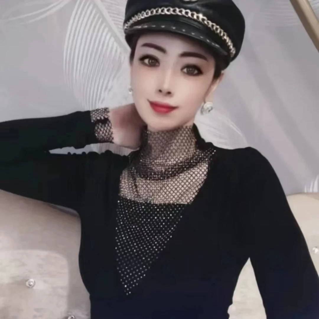 蓉蓉自留款百搭修身显瘦带钻丝光打底衫8101