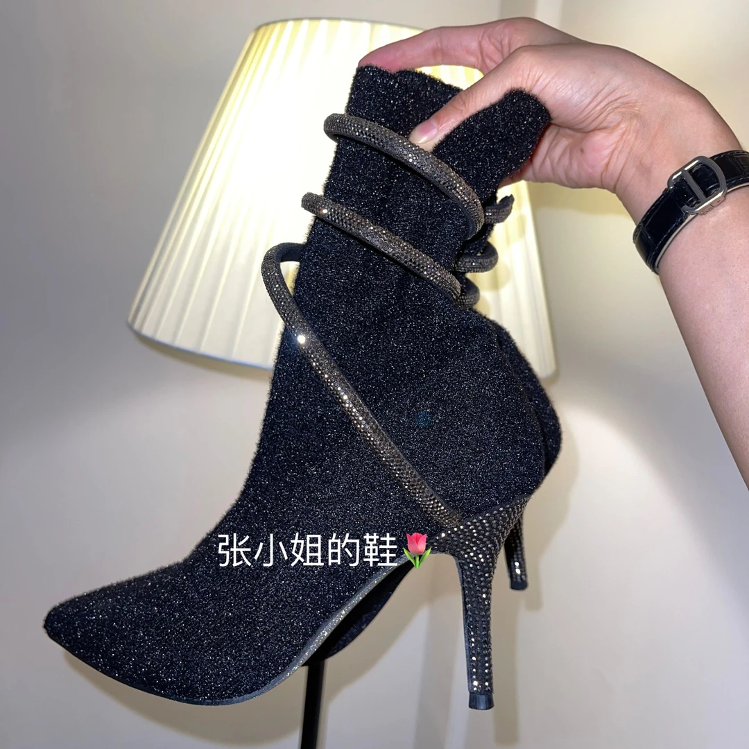 高奢黑钻蛇型【出口订单】满钻针织显瘦超级闪鞋底高跟短靴7公分
