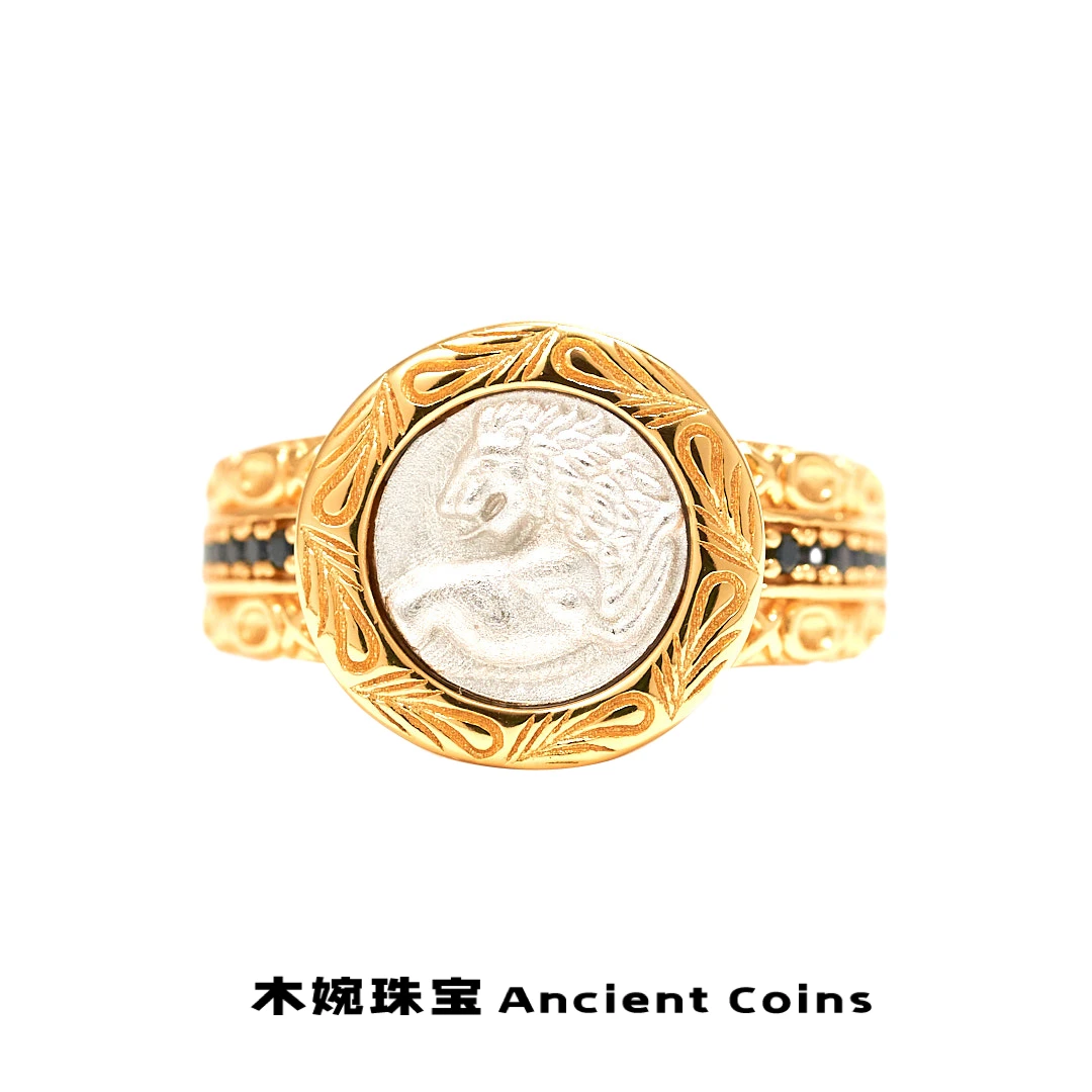 925银戒指 【回首狮】GB-JZ051回首狮花纹圈边黑线戒壁复古风币戒指