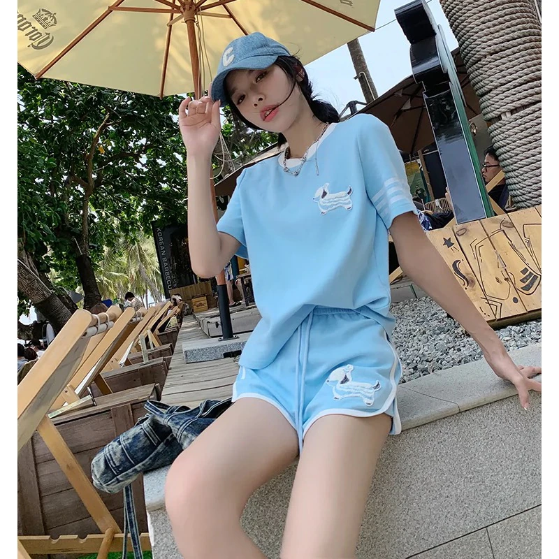 网红洋气炸街运动休闲套装女减龄蓝色T恤短裤夏季穿搭一整套女装