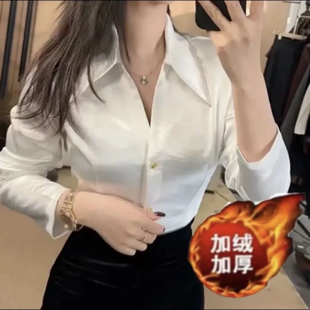 加绒缎面长袖衬衫设计新款高级2024醋酸衬衣气质显瘦上衣