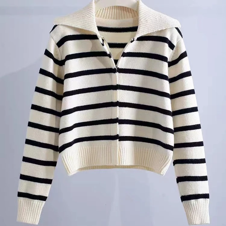 复古翻领拉链毛衣开衫女2023秋冬新款韩版宽松外穿条纹针织衫外套