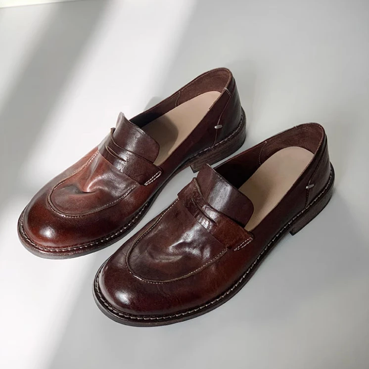 水洗马皮复古平底乐福鞋真皮底手工做旧懒人一脚蹬小皮鞋