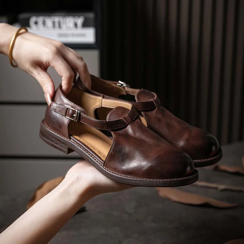 复古水洗油蜡马皮手工小皮鞋复古单鞋2025丁字款平底包头罗马凉鞋