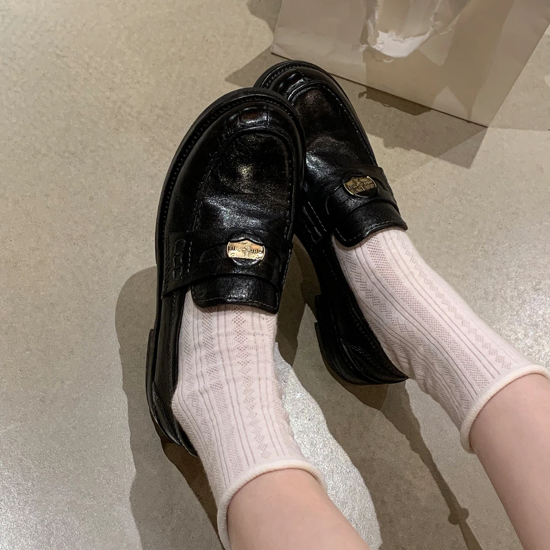 特价 水洗植鞣缩纹牛皮金币乐福鞋女复古圆头一脚蹬小皮鞋人鞋