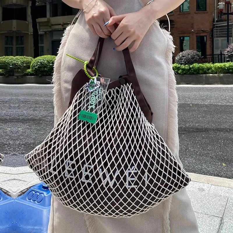 CNLEEWEI棕色拼接撞色logo印花网兜小众百搭单肩编织购物袋手提包