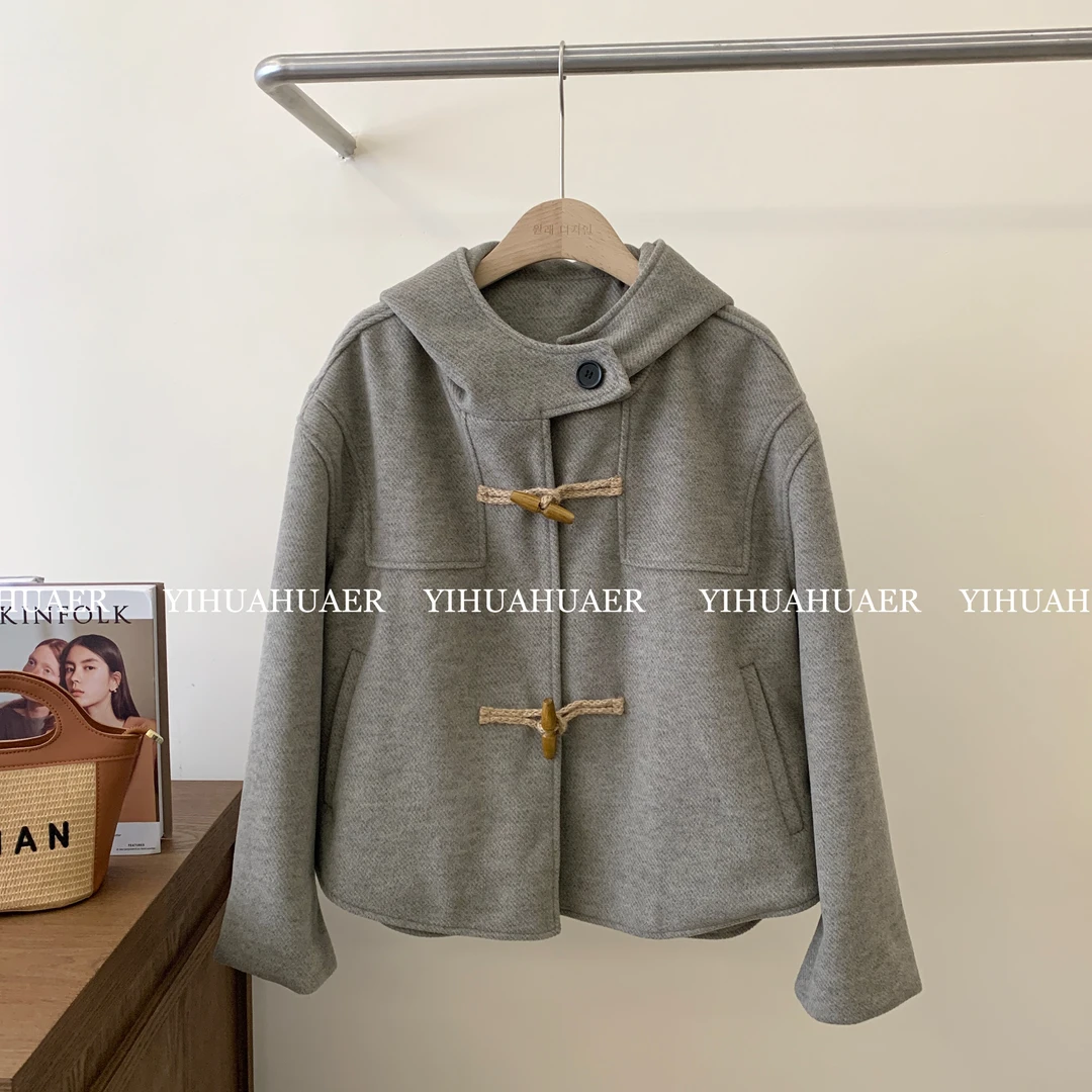 B韩国原单【半岛情书】东大门轻奢设计感牛角扣毛呢大衣外套9702