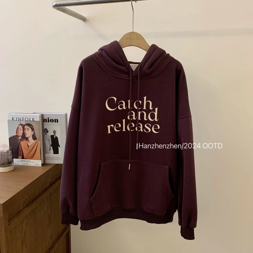 CSF-9660韩国原单东大门韩系字母刺绣抽绳连帽套头加绒加厚卫衣