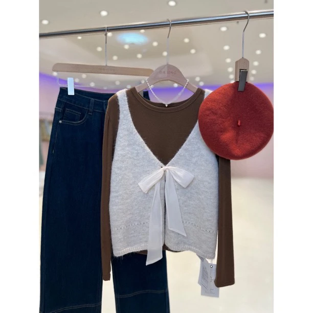 B韩国原单东大门韩版休闲时尚韩系蝴蝶结针织马甲+打底套装9519