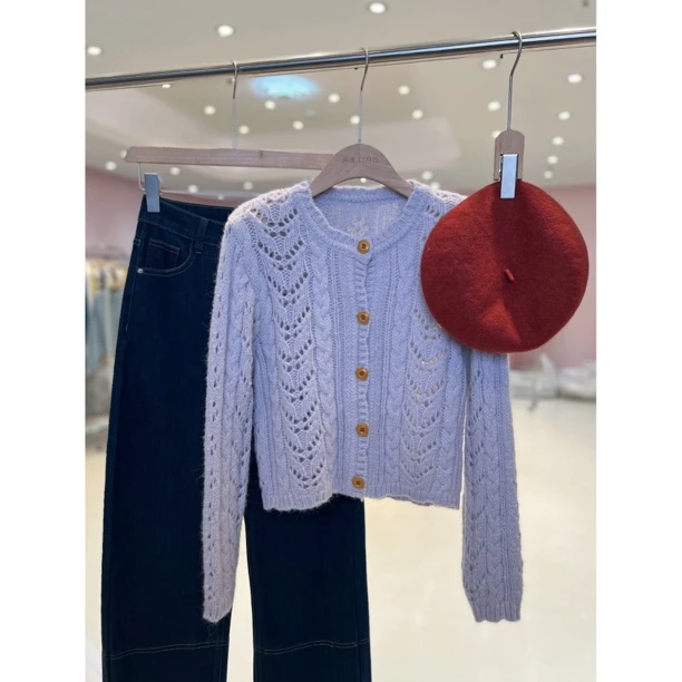 B韩国原单东大门韩系慵懒甜美镂空设计感焦糖扣显瘦毛衣开衫9595