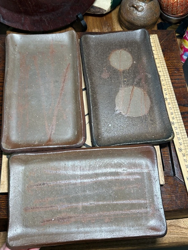 备前烧两个抹茶碗三块杯托杯摆件碗口径12.5高6.5