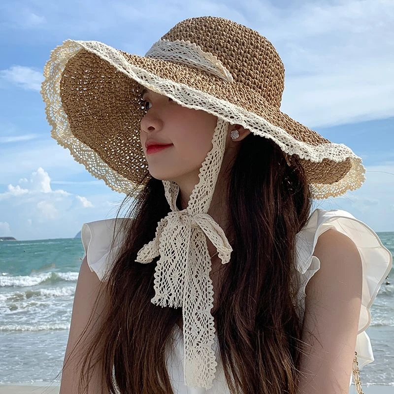 帽子女大帽檐草帽防晒遮阳遮脸夏季蕾丝大头围沙滩海边夏天太阳潮