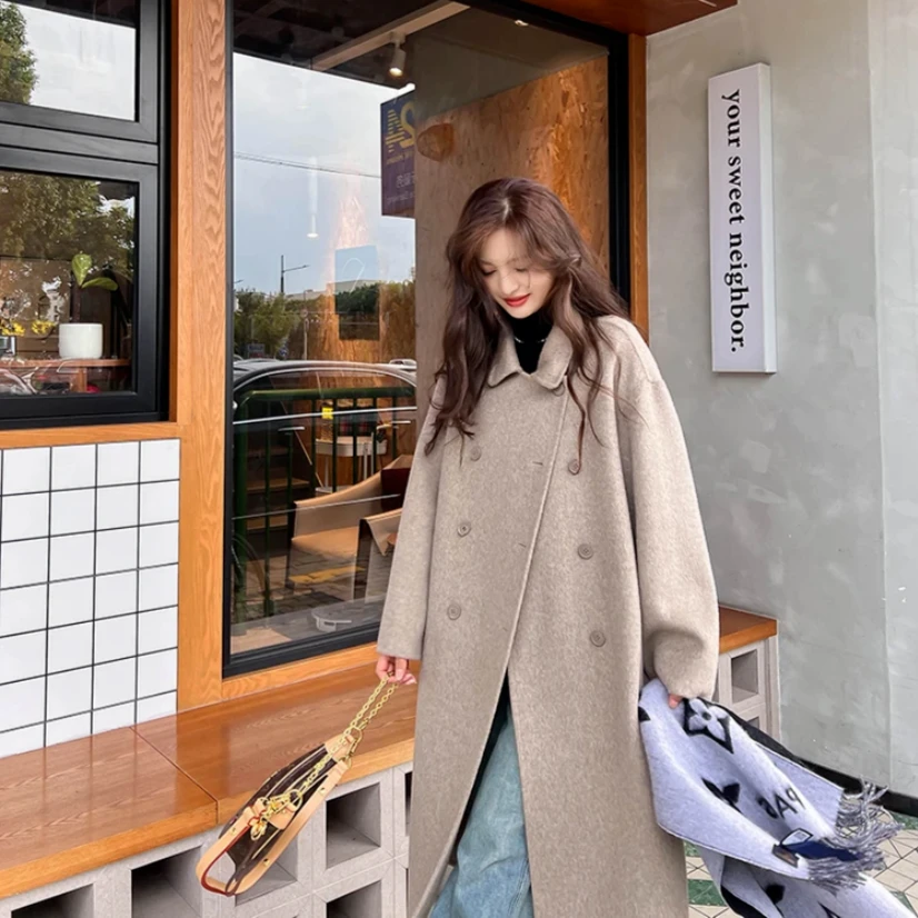 2024【美拉德穿搭】双面羊毛大衣女秋冬长款韩版显瘦宽松双排扣过膝