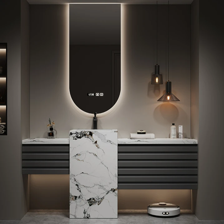 亿旋卫生间洗漱台洗手池定制，烤漆浴室柜岩板台面QY050