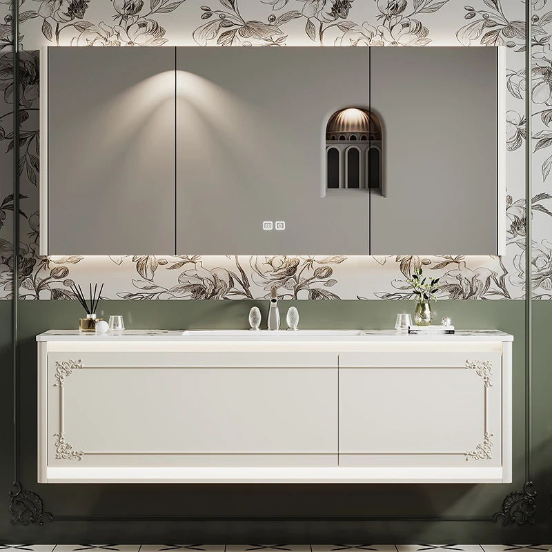 赛纳森经典法式奶油风浴室柜岩板无缝陶瓷盆橡胶木烤漆工艺FC001