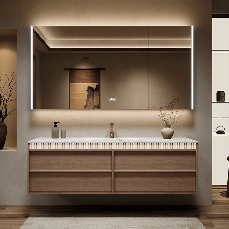 赛纳森新品》简风现代浴室柜多层实木免漆岩板热弯一体盆zg012设计