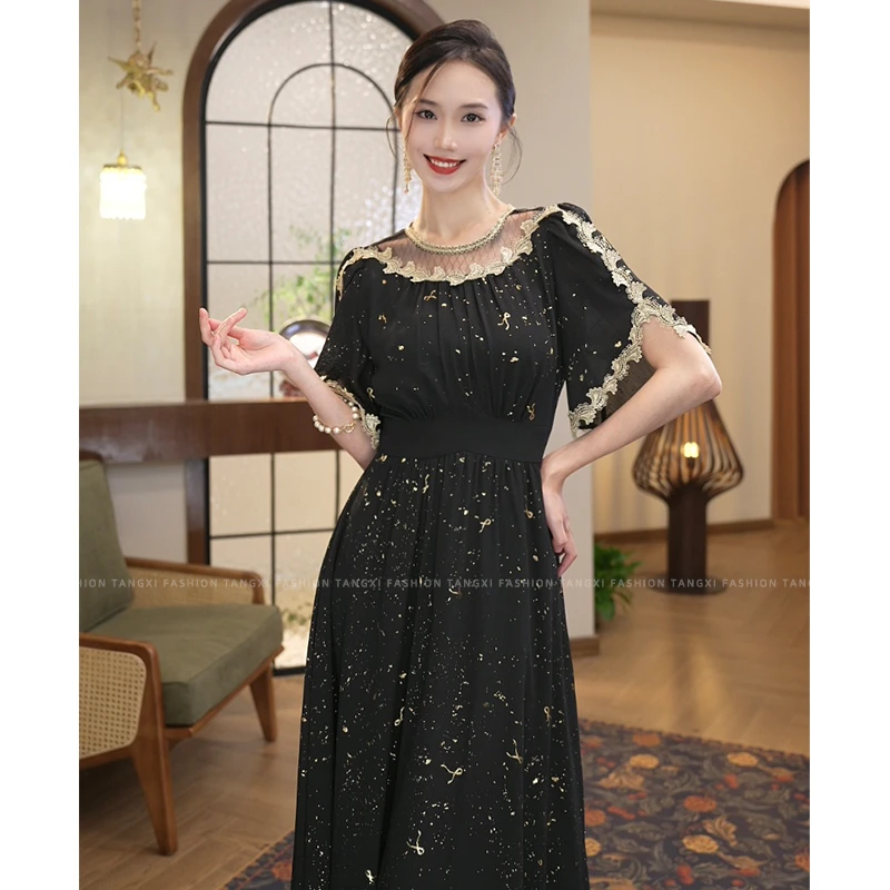 现货2024夏季新款【LT24-X387】金箔亮闪气质黑色度假风优雅连衣裙