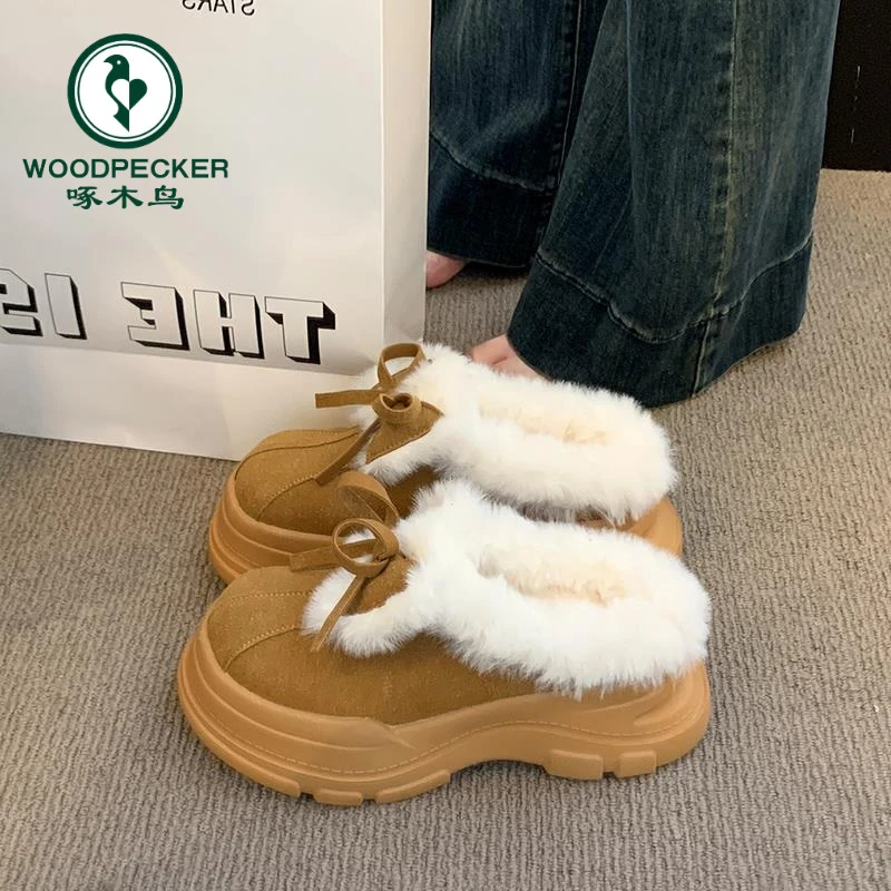 啄木鸟厚底包头半拖加绒勃肯鞋2024冬新款一脚蹬外穿保暖毛毛棉拖