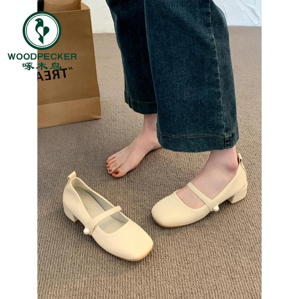 啄木鸟方头玛丽珍鞋女2024新款夏季一字带法式配裙子气质浅口单鞋