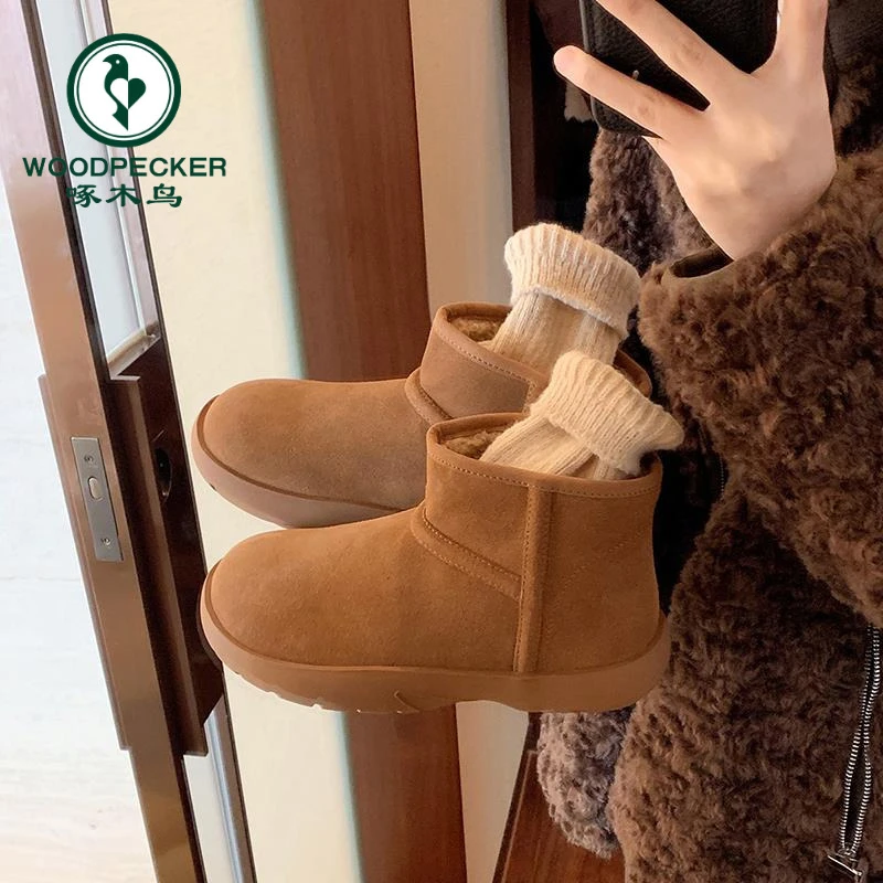 啄木鸟厚底勃肯鞋雪地靴女2024新款冬季加绒保暖加厚防滑短筒棉鞋