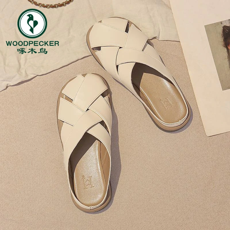 啄木鸟法式半拖鞋女平底2024夏季新款罗马编织配裙子复古包头拖鞋