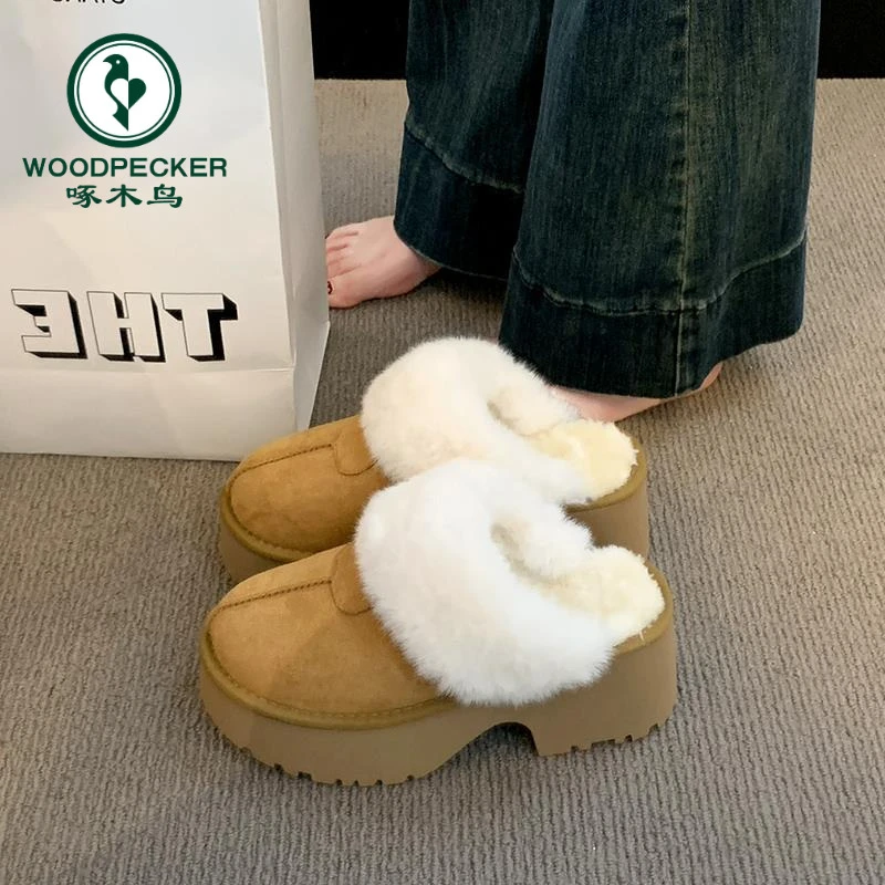 啄木鸟厚底毛毛拖鞋女冬外穿2024新款加绒加厚保暖棉拖雪地棉鞋子