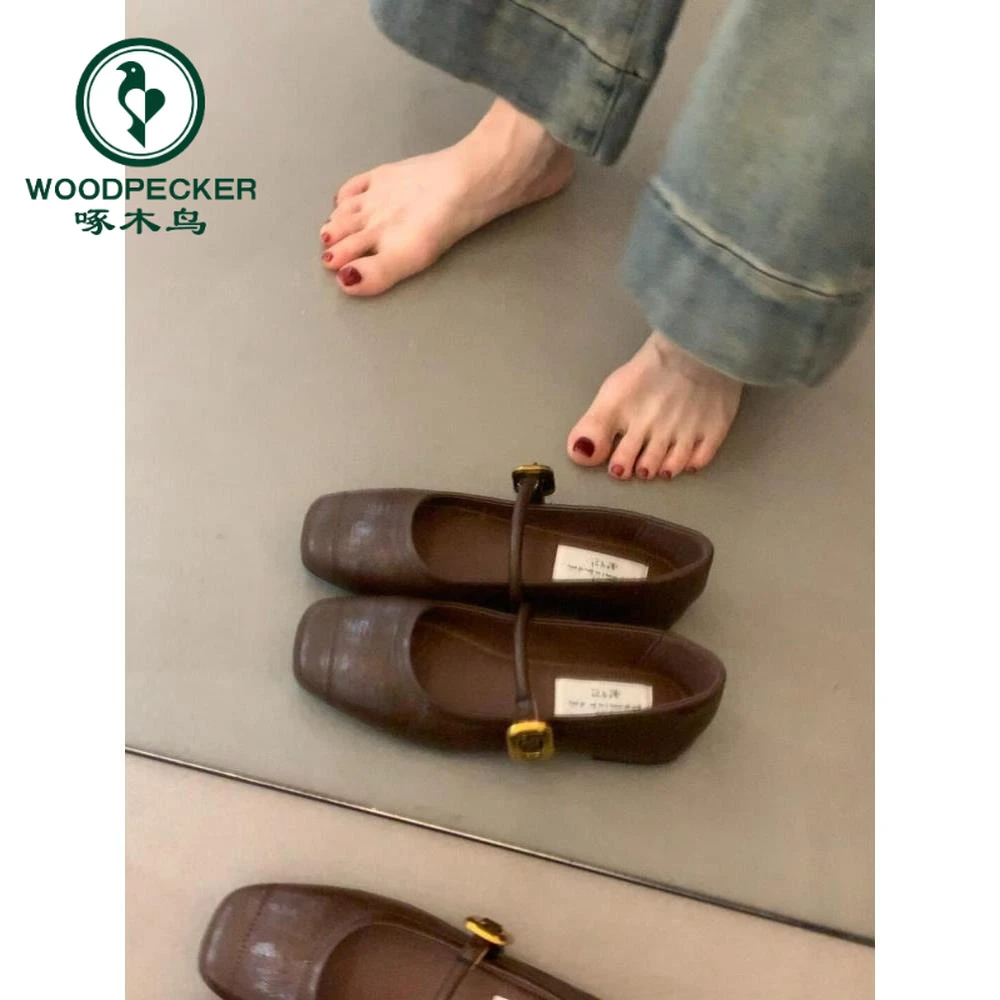 啄木鸟百搭一字带单鞋女2024夏新款法式复古玛丽珍鞋平底鞋小皮鞋