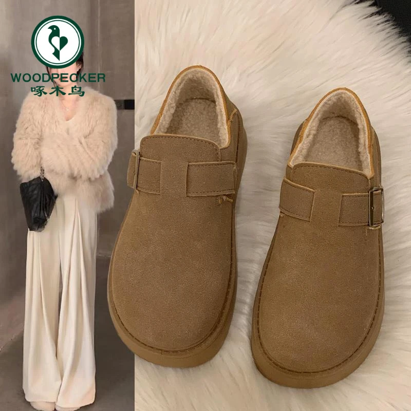 啄木鸟厚底勃肯鞋女加绒2025新款秋冬女鞋子外穿保暖二棉鞋乐福鞋