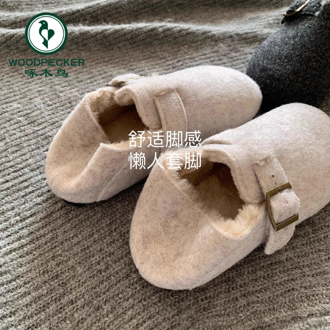 啄木鸟毛毛鞋女2025新款冬加绒外穿加绒呢子勃肯鞋棉鞋保暖雪地靴