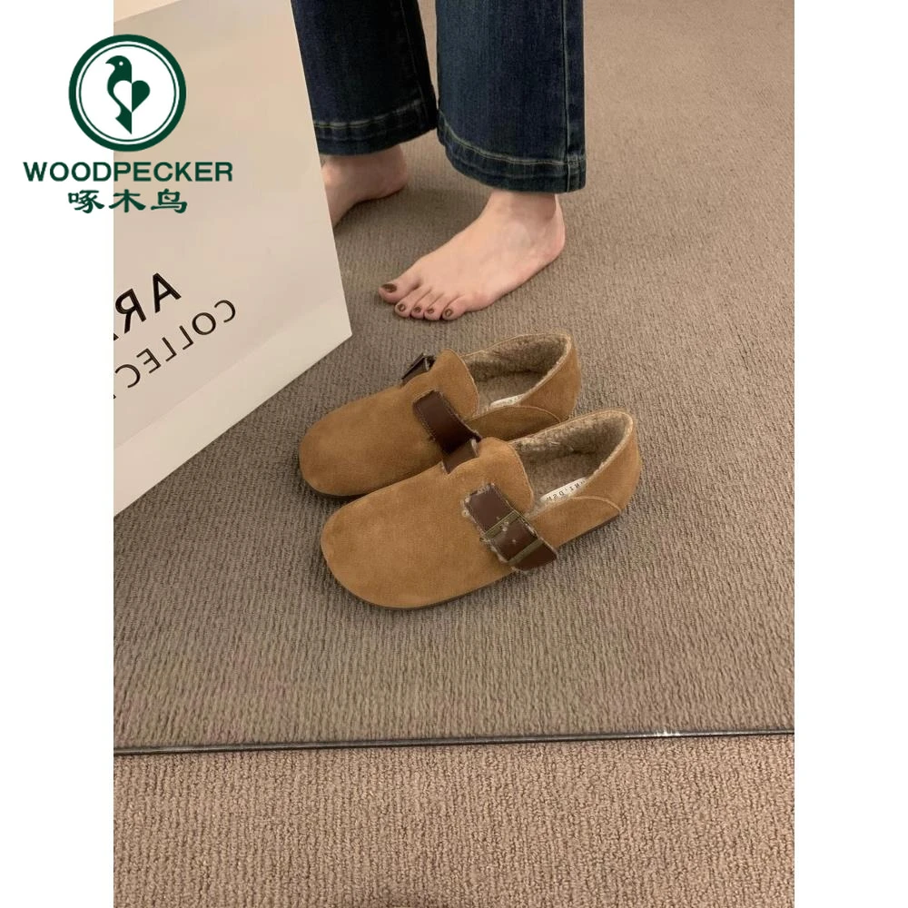 啄木鸟加绒勃肯鞋女一脚蹬豆豆鞋2024新款冬季保暖平底软底博肯鞋
