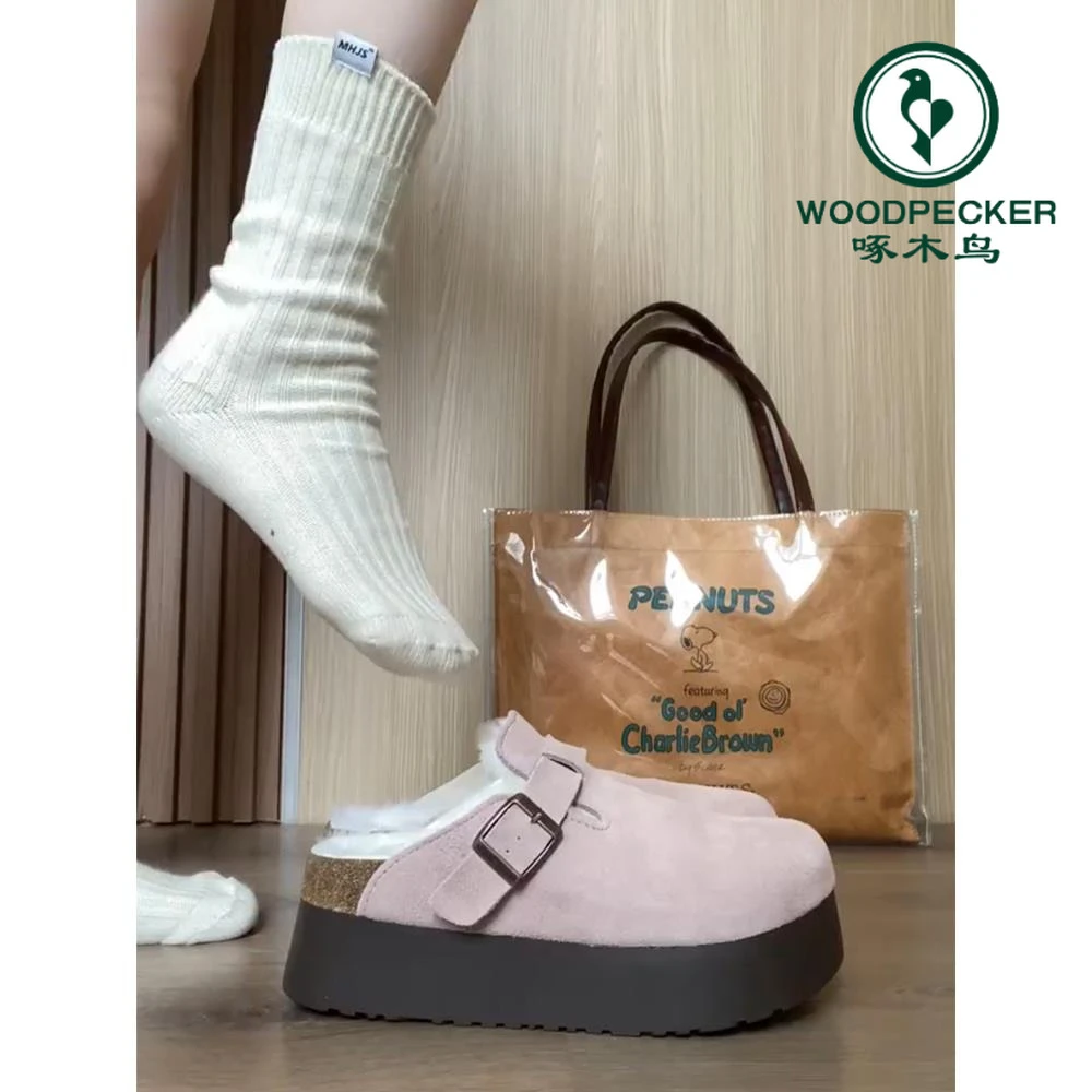 啄木鸟厚底加绒勃肯鞋女2024秋冬包头半拖毛毛拖增高外穿博肯棉鞋