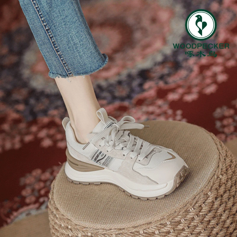 啄木鸟2024年夏新款厚底运动鞋女款休闲老爹鞋系带网面透气阿甘鞋