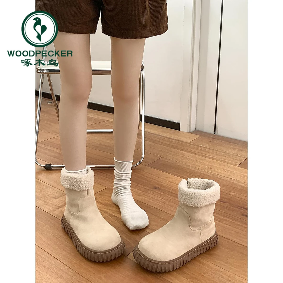 啄木鸟防滑保暖厚底雪地靴女冬季2024新款东北一脚蹬加绒加厚棉鞋